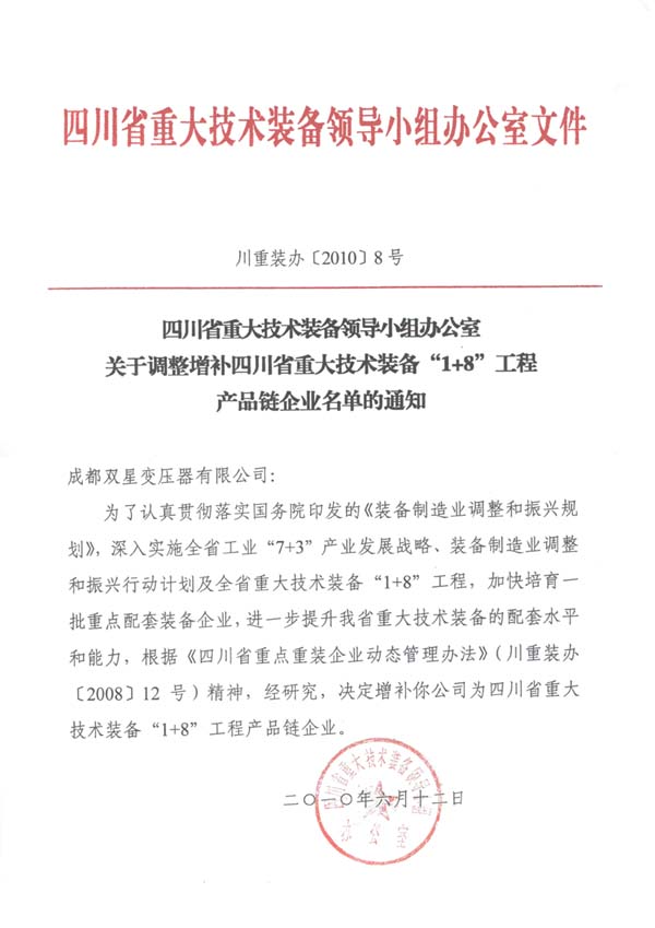 關于我公司被列入四川省重大技術裝備“1+8”工程產品企業鏈名單通知